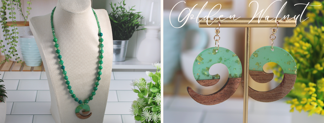 Gold filled walnut wood and resin necklace and earrings